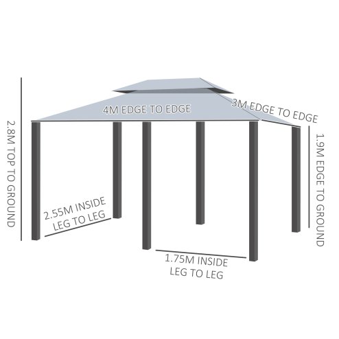 Outsunny 4m x 3(m)Garden Gazebo, Double Roof Outdoor Gazebo Canopy Shelter with Curtains, Solid Steel Frame for Patio, Garden, Grey
