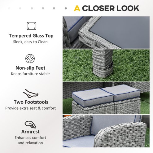 Outsunny 6 Pieces Rattan Garden Furniture Set, 6 Seater Garden Sofa Set with Glass Top Dining Table, Loveseat, 2 Armchairs and Ottomans, Wicker Outdoor Conservatory Furniture for Patio, Grey