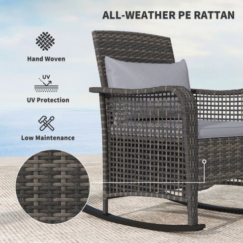 Outsunny Garden Rocking Chair, Outdoor Rattan Rocker Lounge Chair with Seat and Back Cushions, Patio Armchair Seat with All-weather Wicker, Steel Frame for Porch Balcony, Light Grey
