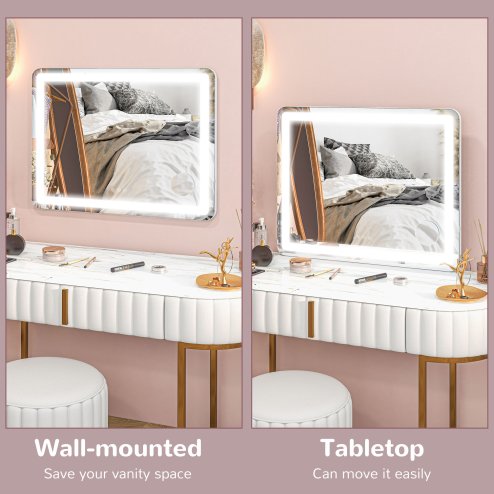 HOMCOM Vanity Mirror with Lights, Large Lighted Makeup Mirror with 3 Colour Lighting Modes, 10X Magnifying, USB Charging Port, Touch Screen, Tabletop or Wall Mounted Design for Bedroom, White
