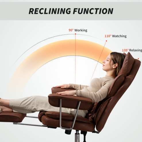 HOMCOM Executive Office Chair, Leathaire Reclining Computer Desk Chair with Lumbar Support Pillow, Built-in Headrest, High Back, Footrest, Silent Swivel Wheels, Armrest for Home, Dark Brown