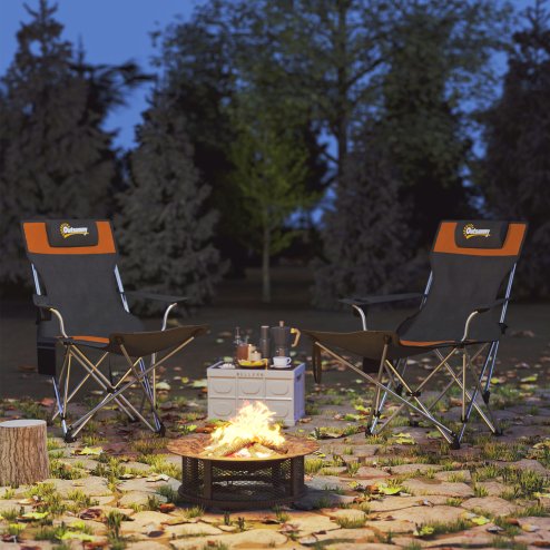 Outsunny Set of 2 Reclining Folding Camping Chair w/ Detachable Footrest, Storage Bag, Cup Holder & Headrest, Lightweight Portable Camp Chair for Beach, Picnic, Orange and Black