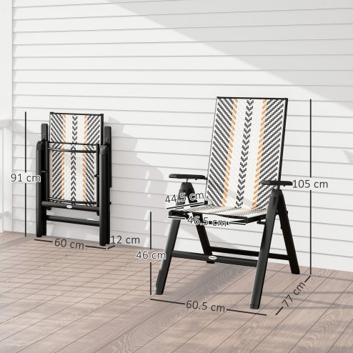 Outsunny Rattan Folding Chair Outdoor Set of 2, 5-Position Adjustable Wicker Garden Dining Chair with High Backrest, Wide Armrest, for Patio, Terrace, Balcony, Black