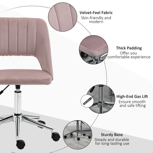 Vinsetto Mid Back Office Chair, Velvet Fabric Swivel Scallop Shape Computer Desk Chair for Home Study Bedroom, Pink