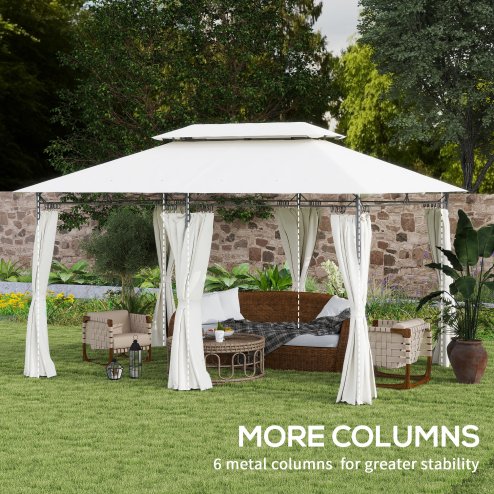 Outsunny 3 x 4m Garden Gazebo with Sides, Double Roof Metal Gazebo, Outdoor Gazebo Canopy Shelter for Patio, Deck, Cream White