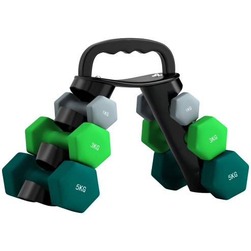 SPORTNOW Dumbbells Set with Carry Storage Rack, Set of 6 Weights for Home Gym, Kettlebell Training Weight Lifting Exercise, 2 x 1kg, 2 x 3kg, 2 x 5kg, Grey