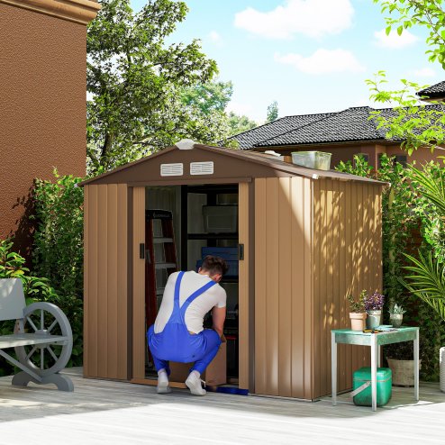 Outsunny 7 x 4ft Metal Garden Shed, Outdoor Storage Tool House with Ventilation Slots, Foundation Kit and Lockable Double Doors, Light Brown