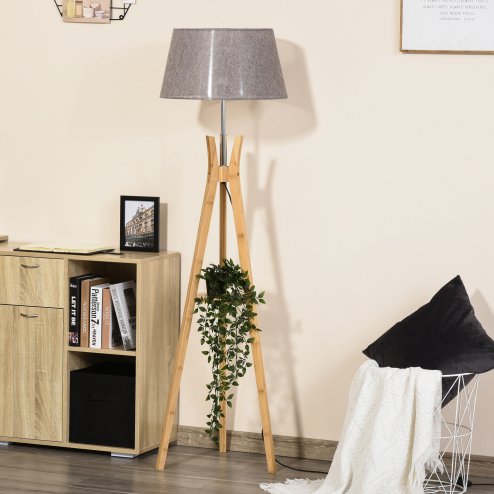 HOMCOM Natural Wood Tripod Floor Lamp Light E27 Base Bedroom Living Room Fabric Shade Storage Shelf Foot Switch, 156cm, Grey Image