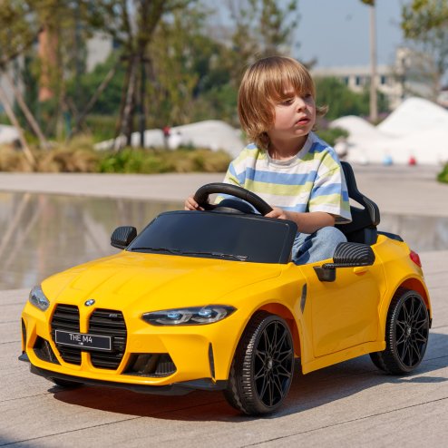 AIYAPLAY BMW M4 Licensed Electric Car for Kids, 12V Kids Electric Ride on with Remote Control, Suspension, Music, Horn, LED Lights, for Ages 3-5 Years, Yellow
