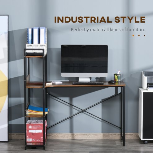 HOMCOM Office Desk with Storage Shelves, 120 CM Computer Desk, Industrial Study Table with Metal Frame for Home Office Small Space, Rustic Brown
