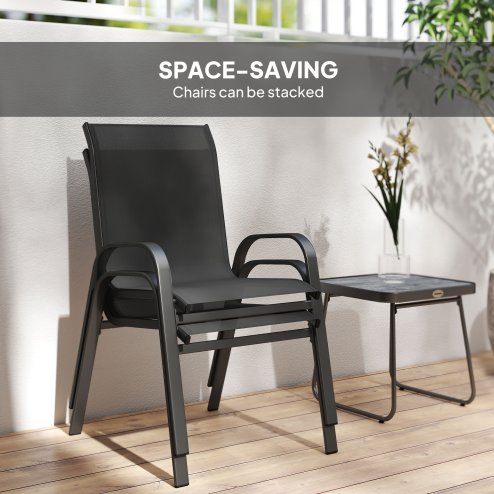 Outsunny Garden Bistro Set, 3 Piece Garden Furniture Set with Stackable Armchairs and SPC Board Coffee Table, Bistro Table and Chairs with Texteline Seats for Balcony, Porch, Black