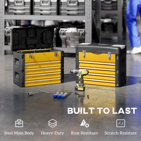 HOMCOM 4 Drawers Large Tool Box, Powder Coated Steel Toolbox with Top Tray, Mini Parts Boxes, Ball Bearing Runners, Handle, Heavy Duty Tool Chest for Workshop, Garage, 497mm x 253mm x 407mm, Yellow