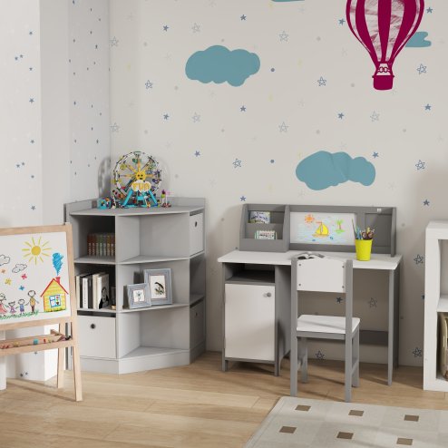 HOMCOM Kids Desk And Chair Set 2 PCs Childrens Table And Chair Set Multi Use Toddler Furniture with Whiteboard, Storage - Grey