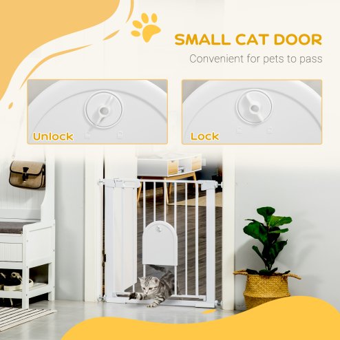 PawHut Dog Gate with Cat Flap Pet Safety Gate Barrier, Stair Pressure Fit, Auto Close, Double Locking, for Doorways, Hallways, 75-82 cm White