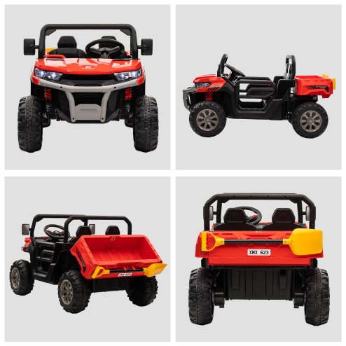 HOMCOM 2 Seater Kids Ride On Car with Electric Bucket, 12V Battery Powered Electric UTV with Shovel, Parental Remote, 4 Spring Suspension Wheels, Working Horn, Music - Red