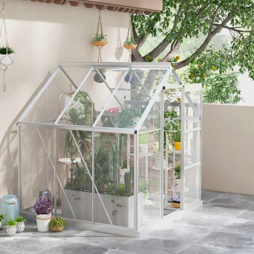 Outsunny 6 x 6ft Polycarbonate Greenhouse, Walk-In Greenhouse with Sliding Door, Adjustable Window, Aluminium Frame and Foundation, Garden Grow House with Rain Gutter, Silver