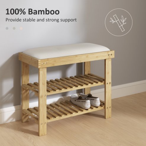 HOMCOM Bamboo Shoe Storage Bench, 3-Tier Shoe Bench with Seat Cushion, Shoe Rack for Entryway, Hallway, Living Room, Bedroom, Cream White