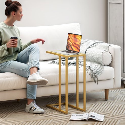 HOMCOM C-Shaped Side Table, Modern Slim End Table with Tempered Glass Tabletop, Steel Frame for Small Space, Living Room, Bedroom, Gold Tone