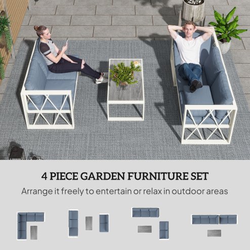 Outsunny 4 Piece L Shaped Garden Furniture Set with 5-Level Adjustable Lounger, 5 Seater Sectional Outdoor Sofa Set with 2 Loveseats, Corner Chair, DPC Coffee Table and Removable Thick Cushions, Grey