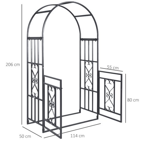 Outsunny Outdoor Garden Arch with Double Gates, Metal Garden Arbor for Climbing Plants, Roses, Vines, Wedding Arch for Outdoor, 114L x 50W x 206H cm, Dark Grey
