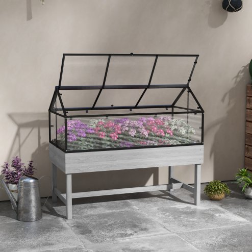 Outsunny Raised Garden Bed with Cold Frame Greenhouse, Elevated Wood Planter Box with Polycarbonate Panel and Top Vent for Vegetables, Flowers, Herbs, 120 x 60 x 103cm, Distressed Grey