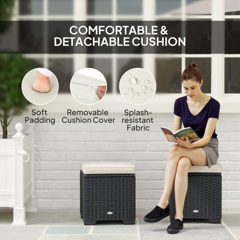 Outsunny Set of 2 Rattan Storage Ottoman, Outdoor Footstool with Removable Cushions, Garden Storage Seat for Balcony, Porch, Living Room, Cream White
