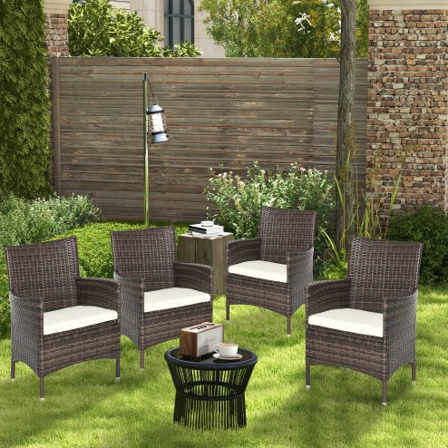 Outsunny 4 Pieces Outdoor PE Rattan Dining Chairs Set with Cushion, Garden Armchair with Armrests, High Backrest, Metal Frame Patio Wicker Furniture, Mixed Brown