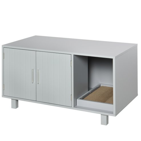 PawHut Wooden Cat Litter Box Enclosure & House with Nightstand/End Table Design, Scratcher, & Magnetic Doors, Grey Image