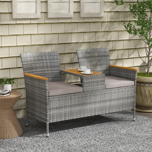 Outsunny 2 Seat Rattan Garden Bench, Patio Wicker Chair with Acacia Wood Top Middle Table, Outdoor PE Rattan Love Seat with Padded Cushions, Decorative Handrails, Grey
