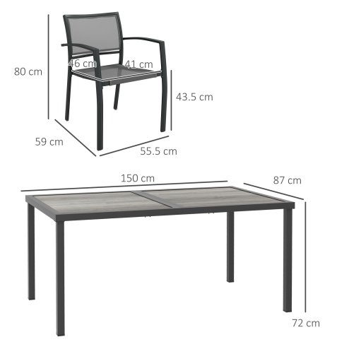 Outsunny 6 Seater Garden Dining Set, Stackable Armchairs and Wood-like Top Table, Space-Saving Outdoor Table and Chairs with Breathable Mesh Seat, Garden Furniture Set, Grey