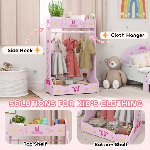 AIYAPLAY Wooden Kids Clothes Rail, Dress Up Rail with Top, Bottom Storage Shelves, for 3 Years+, 70 x 37 x 103cm, Pink