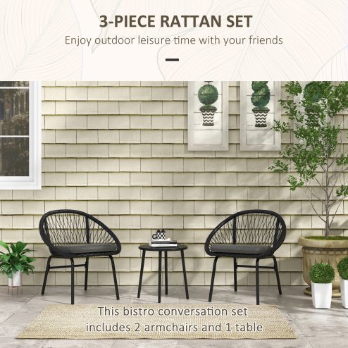 Outsunny 3 Pieces Rattan Bistro Set, Wicker Garden Furniture Set with Round Metal Top Coffee Table and Chairs, Washable Cushions for Outdoor, Patio, Balcony, Black
