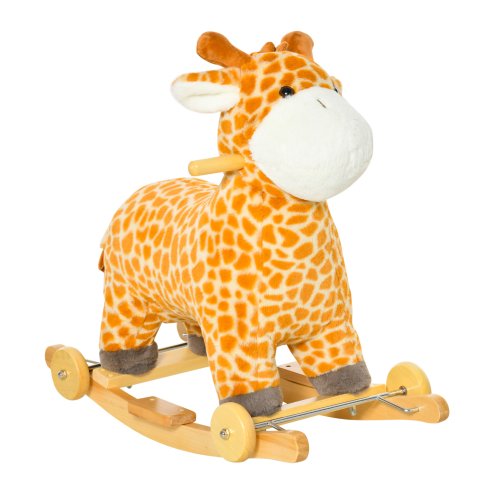 HOMCOM 2 In 1 Kids Todder Rocking Horse Plush Ride On Giraffe Rocker with Wheels Wooden Base Animal Sounds for 3-6 Years Image