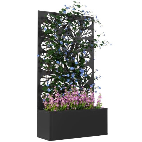 Outsunny Metal Garden Bed with Trellis, Wall Mounted or Freestanding Raised Planter with Privacy Panel, Twig and Leaf Cut-out Privacy Screen with Planter Box for Climbing Plants, Flowers, Vegetables