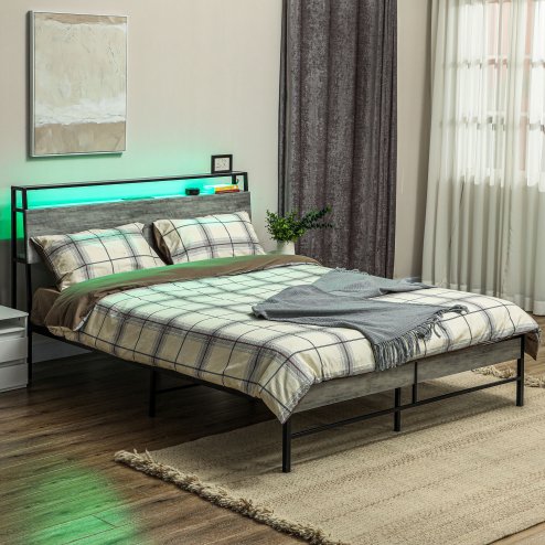 HOMCOM 5ft King Size Bed Frame with LED Lights and Charging Station, Platform Bed Frame with Storage Headboard, Steel Slat Support, No Box Spring Needed, Easy Assembly, Cement Grey