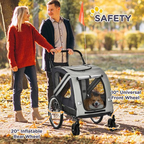 PawHut Dog Bike Trailer, 2 in 1Foldable Pet Stroller with Hitch Coupler, Reflectors, Quick Release Wheels, Flag, for Medium Dogs, Grey