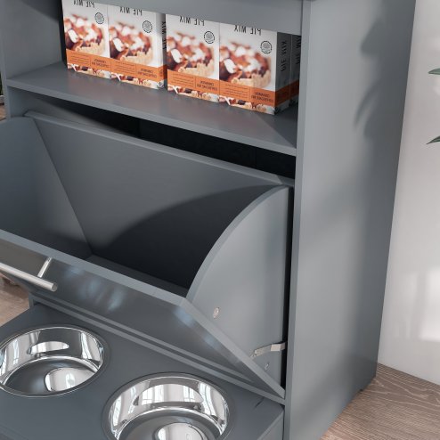 PawHut Pet Feeder Station, Dog Food Storage Container w/ Raised Dog Bowls, Hanger, for Food and Water - Grey