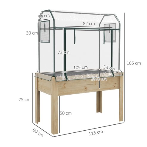 Outsunny Wooden Raised Planter with Plastic Greenhouse Cover and Bed Liner, Elevated Garden Bed for Vegetables, Flowers, Herbs, 115 x 60 x 165cm, Clear