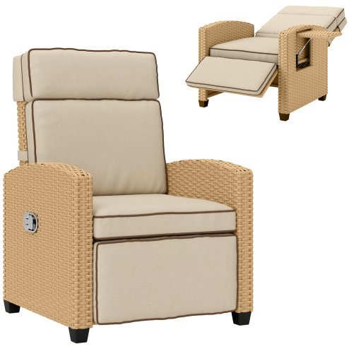 Outsunny Rattan Garden Recliner Chair, Adjustable Backrest Reclining Rattan Chair with Flip Table, Cushion and Footrest, Indoor Outdoor Lounge Reclining Sun Lounger for Patio, Khaki/Beige