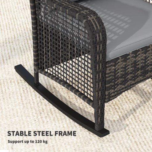 Outsunny Garden Rocking Chair, Outdoor Rattan Rocker Lounge Chair with Seat and Back Cushions, Patio Armchair Seat with All-weather Wicker, Steel Frame for Porch Balcony, Light Grey