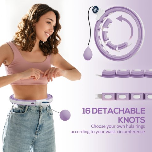 SPORTNOW Smart Weighted Hula Hoop for Adults, Hula Ring with 16 Detachable Knots, 360 Auto-Rotating Ball and Digital Counter, Massage Hula Circle For Weight Loss, Purple