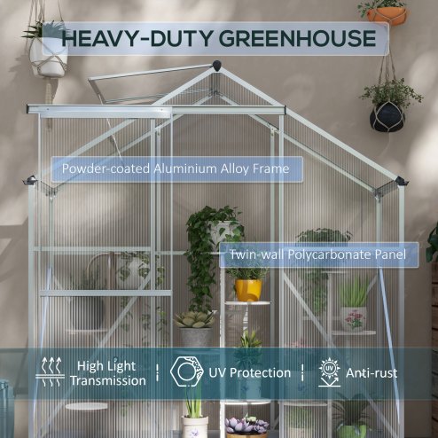 Outsunny 6 x 2.5ft Polycarbonate Greenhouse, Walk-In Green House with Sliding Door, 5-Level Roof Vent, Rain Gutter, Garden Plants Grow House with Aluminium Frame and Foundation, Silver