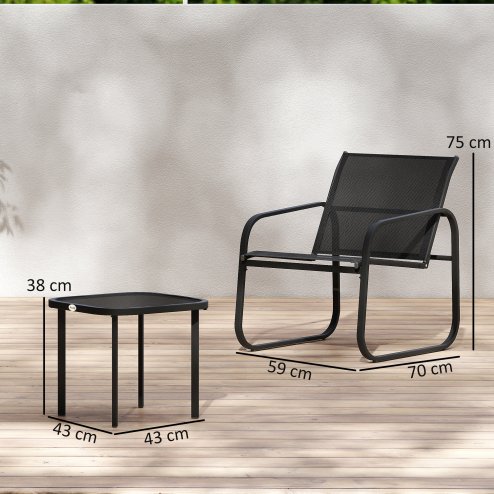 Outsunny Garden Bistro Set, 3 Piece Metal Garden Furniture Set with Mesh Chairs and Square Glass Top Table, Small Balcony Furniture for Outdoor, Patio, Conservatory, Black