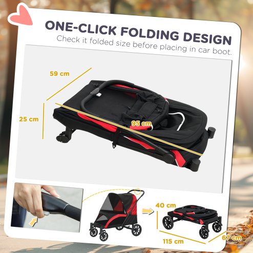 PawHut Dog Stroller, Easy Folding Pet Stroller for Large Dogs, Puppy Pram Pet Pushchair with 4 Big Wheels, Shock-Absorbing Frame, Safety Leashes, Brakes, Red/Black