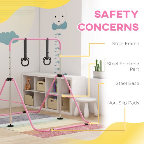 HOMCOM Kids Gymnastics Bar, Horizontal Bar for Kids, Adjustable Height Folding Gymnastics Equipment with Gymnastic Rings, Non-slip Rubber Floor Rings, for Home, Flat, Pink