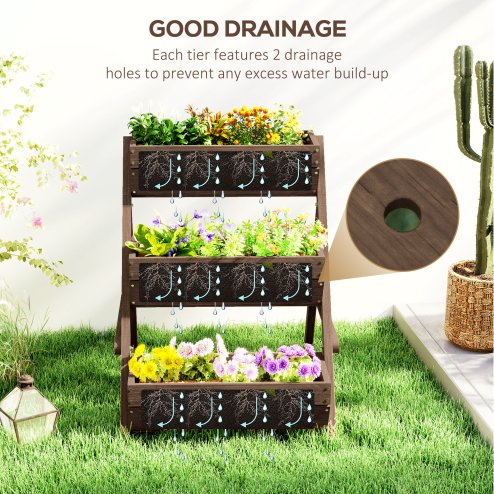Outsunny 3 Tier 66L Raised Garden Bed Wooden Elevated Planter Box Kit for Flower, Vegetable, Herb, 65 x 75 x 76cm, Tan