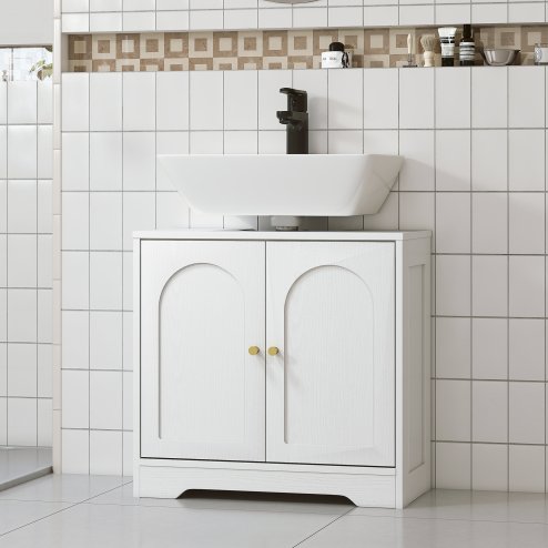 HOMCOM Under Sink Bathroom Cabinet, Freestanding Under Sink Cabinet with 2 Arch Doors and Adjustable Shelf for Basin without or with Pedestal, White