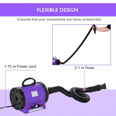 PawHut Dog Hair Dryer Pet Grooming Blaster Dryer Blower Adjustable Temperature Speed with 2.1M Flexible Hose 3 Nozzles - Purple