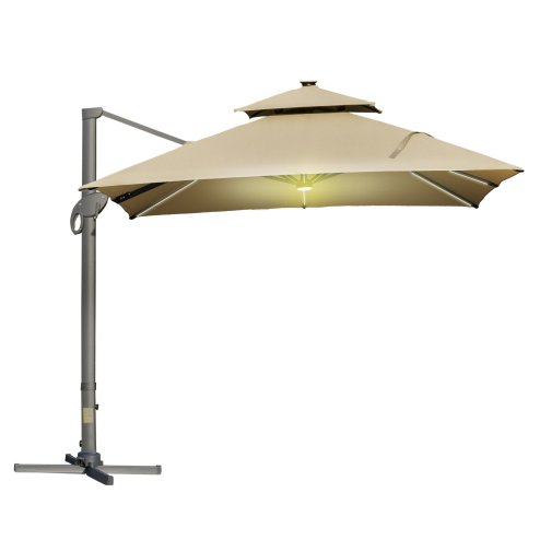Outsunny 3 x 3(m) Cantilever Roma Parasol Garden Sun Umbrella, Two-tier 250g Polyester Sun Shade with LED Solar Light, Aluminium Frame, Cross Base 360 Degrees Rotating Khaki