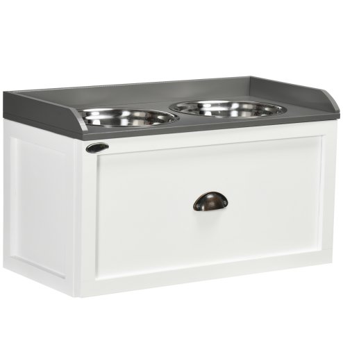 PawHut Stainless Steel Raised Dog Bowls, Double Dog Food and Water Bowl w/ 21L Storage Drawer, for Large Dogs - White